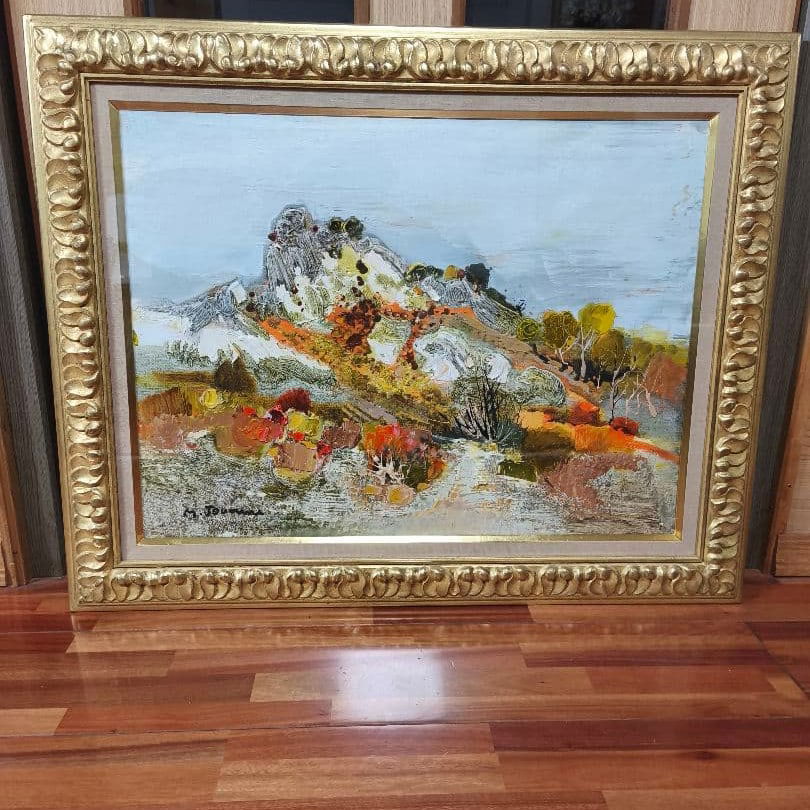 Landscape oil painting, paired with an antique picture frame.: Landscape oil painting, with antique frame This is "The Rocky Mountains" by French writer Michel Juenn. (This is "The Rocky Mountains" by French writer Michel Juenn.) Artist: Michel Juenn Frame color: