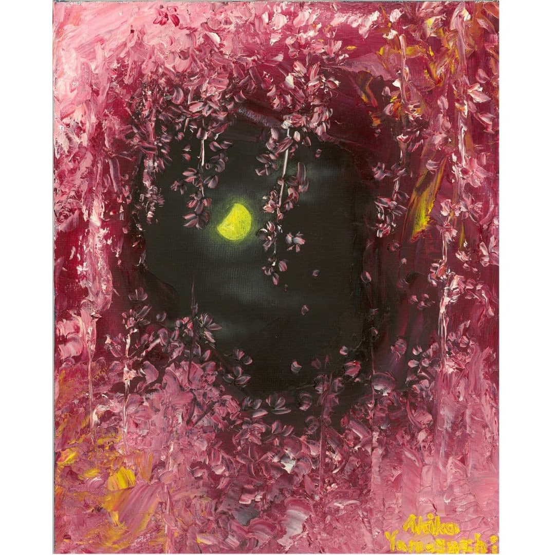 Moonlight in the Flower Garden, oil painting, unique, original artwork, for sale, unframed: Moonlight between the flowers, oil painting, unique, original artwork, for sale, unframed Theme is weeping cherry blossoms and the moon Depicting the moon against a floral background, conveying a fest