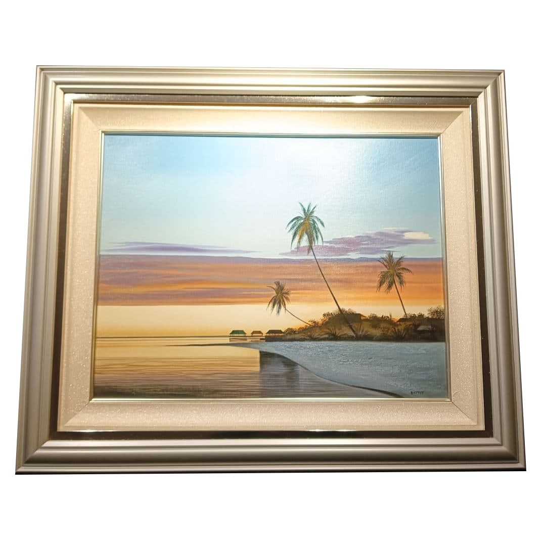 Batut's original oil painting, Beautiful Sunset at the Resort, by Michel Batut: Original oil painting by Michele Battut ( Oil painting original work Ripples at dusk Resort beautiful sunset Michele Battut) Original artwork by Michele Battut The title of the work is "Ripples at Dus