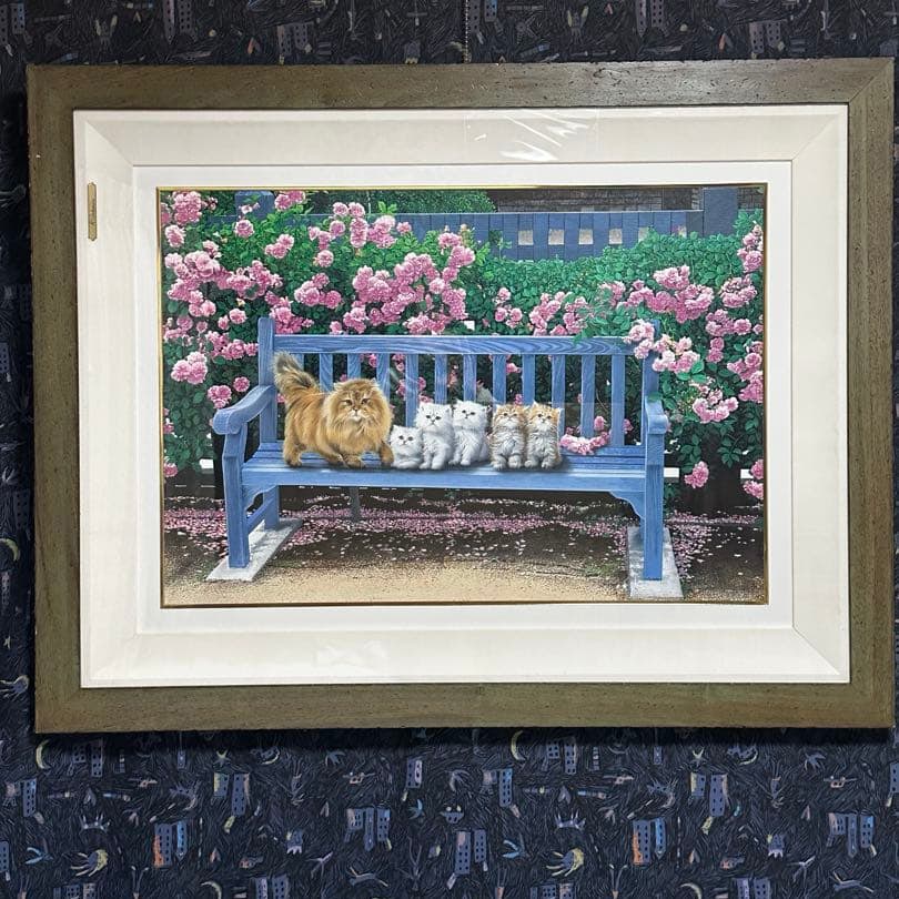 Large oil painting, hand-painted oil painting: Large oil painting, hand-painted oil painting, print, artwork, cat painting, hyper-realistic, garden, indoor, value This is a realistic and highly photographic art piece. This is the original work. It