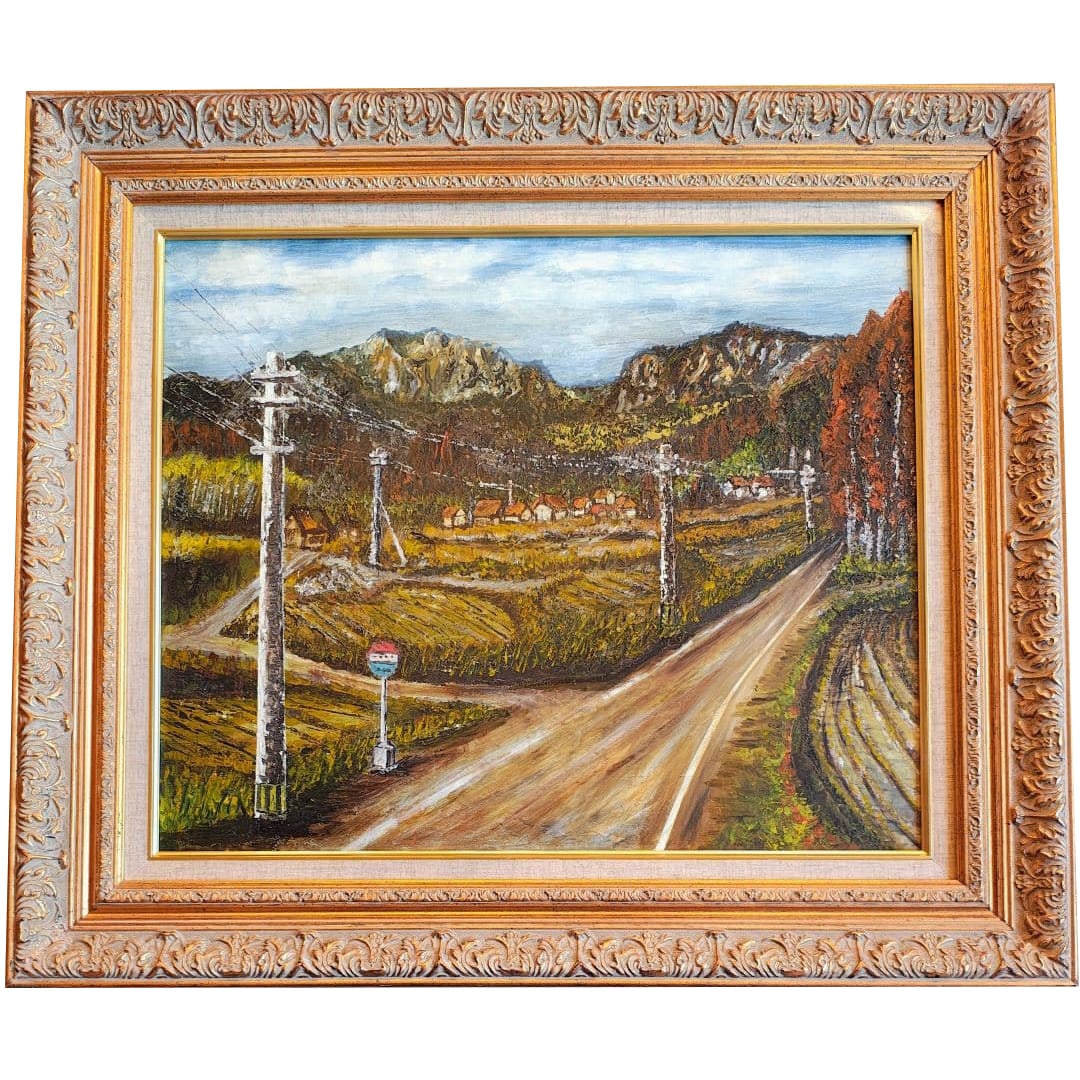 [F12] Large oil painting, landscape, framed, bus stop: [F12] Large oil painting, landscape, framed, bus stop, mountain road, antique, hand-painted In late autumn, the air is slightly cool. Despite the rugged mountains in the distance, there is a hint of w