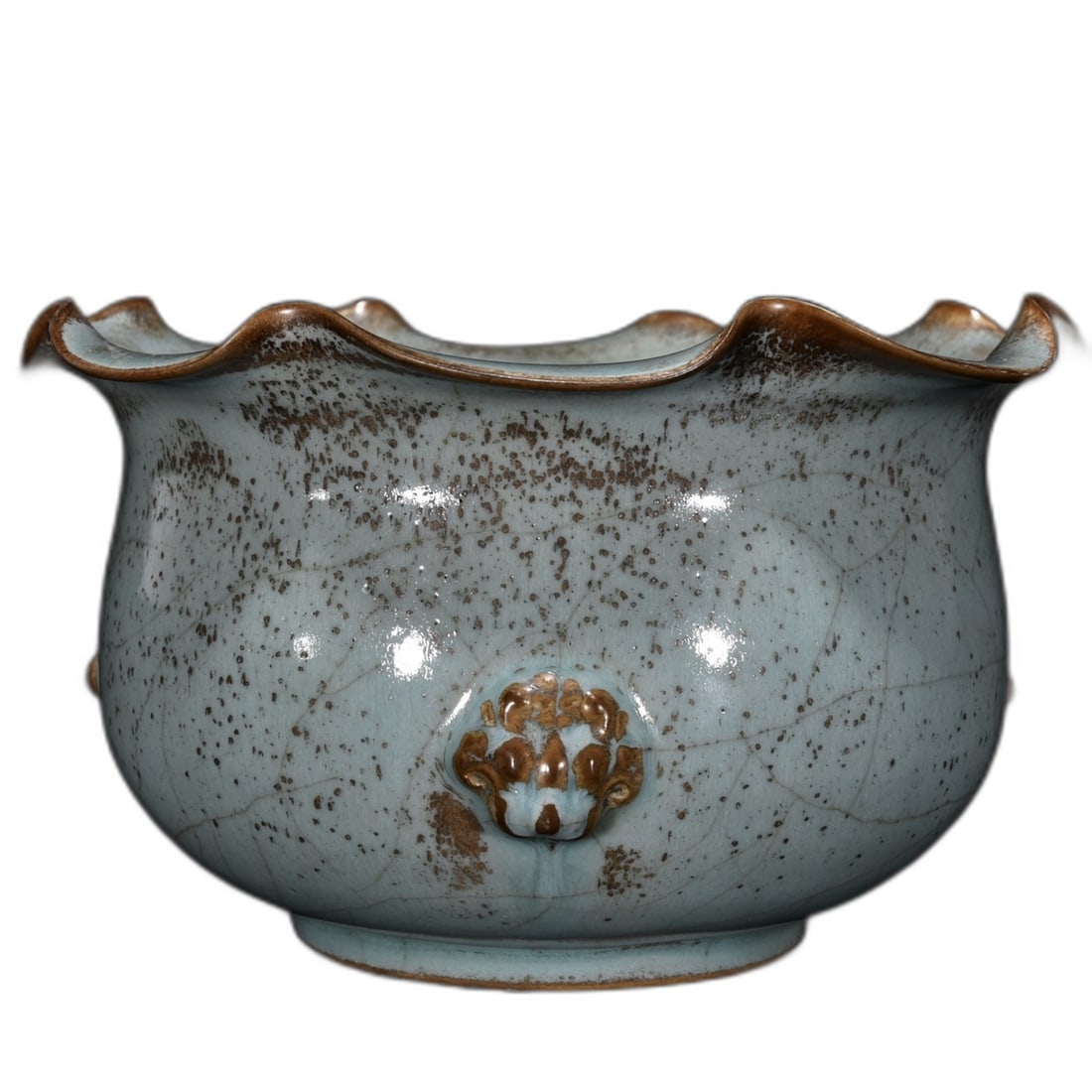 Song Dynasty Ru Kiln Celadon Flower-Mouth Censer: Song Dynasty Ru kiln celadon glazed incense burner with "yi" character mark and floral mouth, 11 cm in height, 18 cm in diameter. This piece is highly favored for its unique sky-blue glaze and
