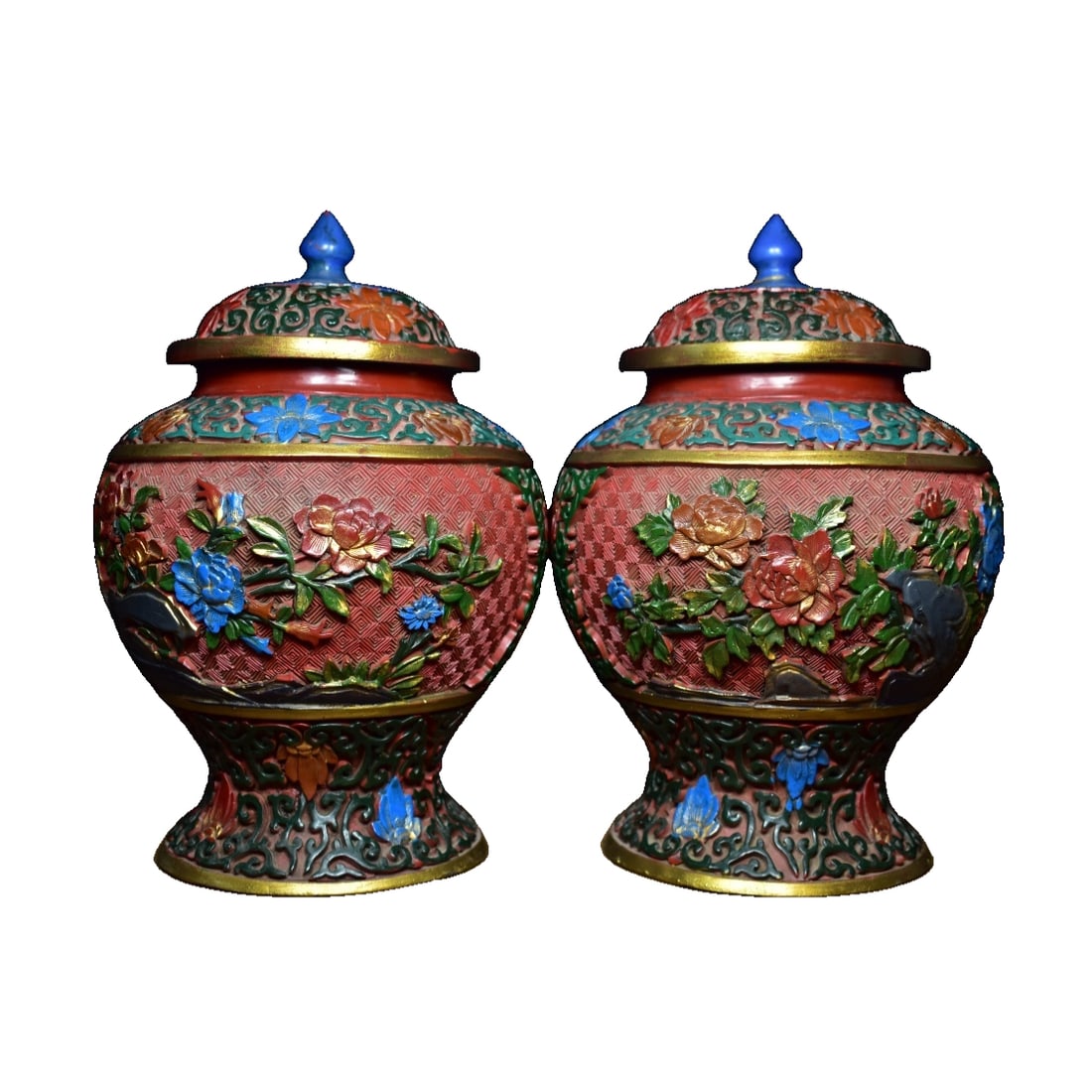 Carved Red Lacquer Painted Floral Jar (1 of 10)