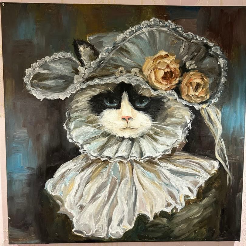 Victorian-style Cat Oil Painting: (Victorian Style Cat Oil Painting) A Victorian-style cat oil painting adorned with ruffles and floral patterns. My Cat - This is an older work. - Style: Cat Portrait - Colors: White, Black, Gray, Beig