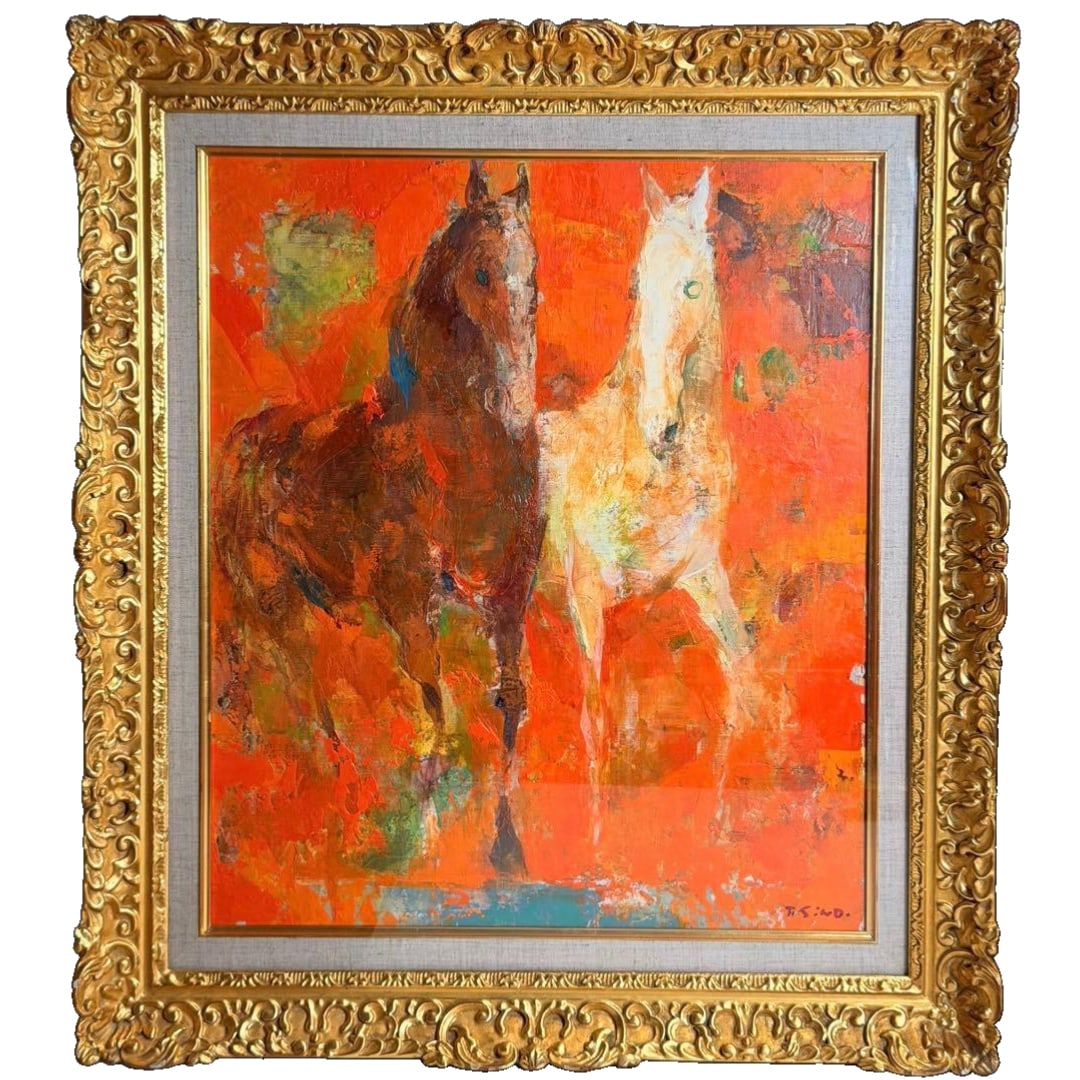 Teruo Shinozaki "Conversation" Oil Painting Framed with Handwritten Signature: [Product Name] Teruo Shinozaki "Dialogue" Oil Painting, Framed (Teruo Shinozaki "Katarai" Oil Painting, Framed) [Dimensions] Frame Size: Approximately 68 x 61 x 7.5 cm Canvas Size: Approximately 52 x