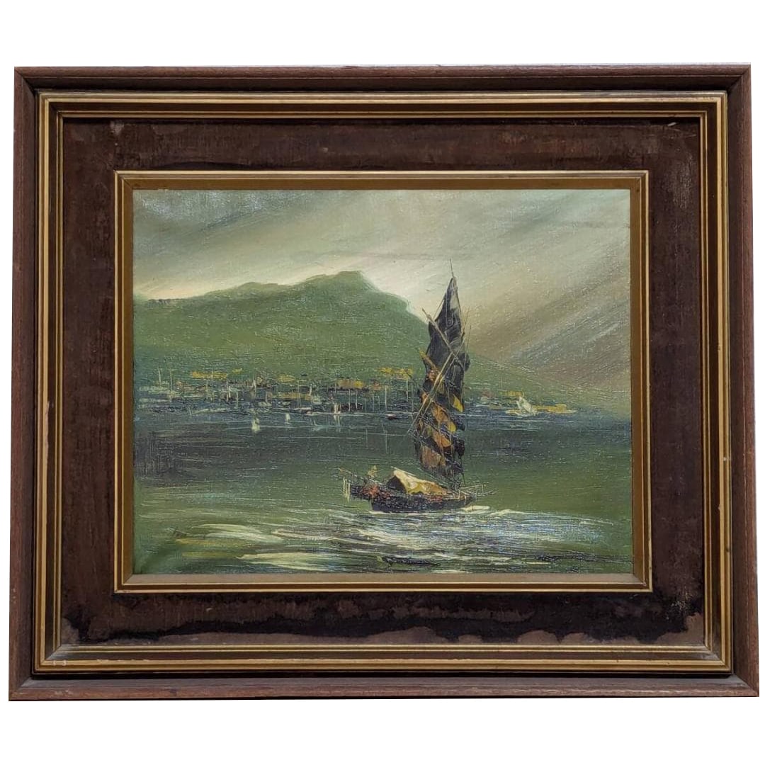 Authentic Oil Painting No. 6, Sailboats and Port Town Scenery (1 of 9)