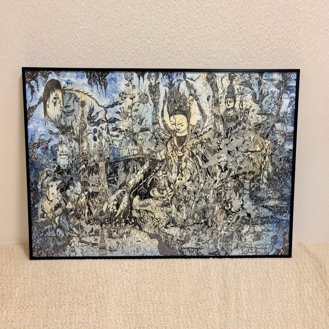 Unique Piece: Line Art with Large Frame: (One-of-a-kind Line Art with Large Frame) Unique Original Artwork Artist: Jinke (Jinko) Currently published on Instagram Style: Exquisite Abstract Art - Themes: Buddha, Space, Other Worlds At first gl