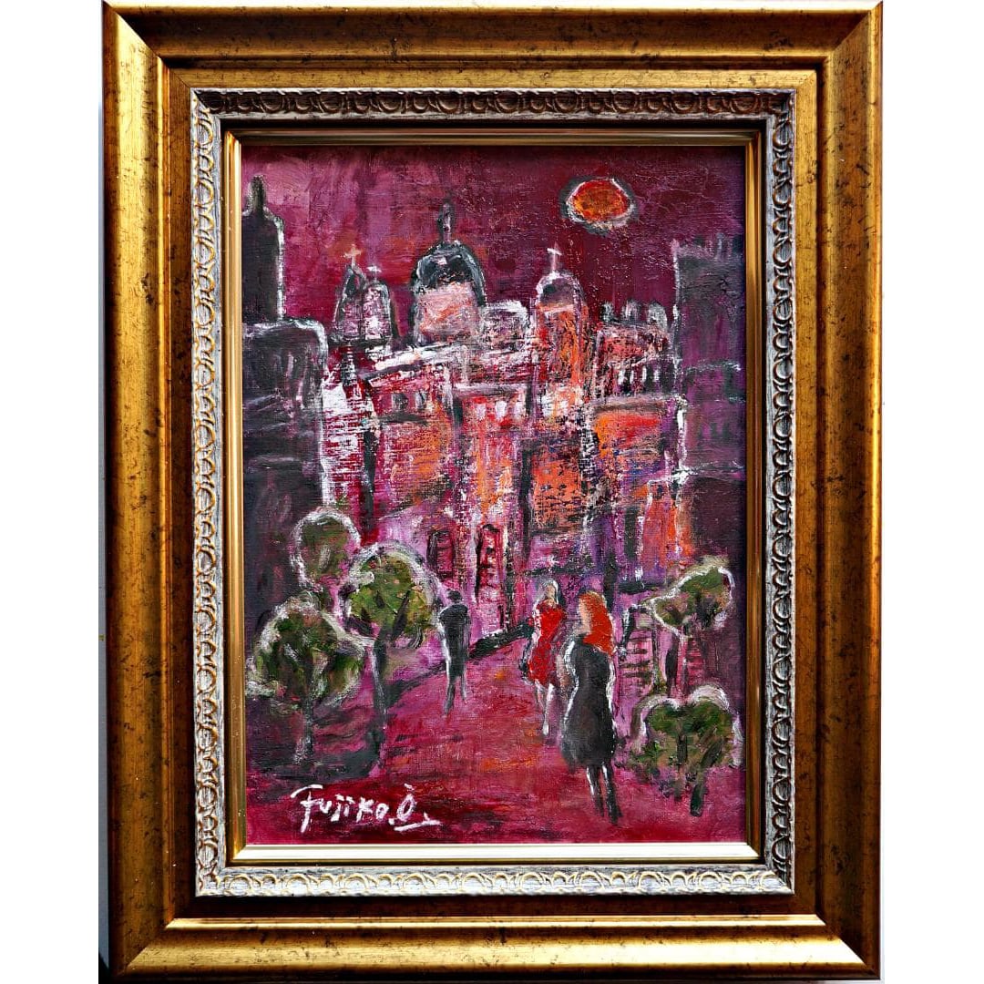 Fujiko Osawa - Street Corner in Paris: Fujiko Osawa - "Corner of Paris" - Authenticity Guaranteed, Brand New Gold Frame, Oil Painting, Artwork, Oil Painting F4 Size, Landscape Painting Canvas Size (F4): 33.4 cm x 24.3 cm New Framing Size: