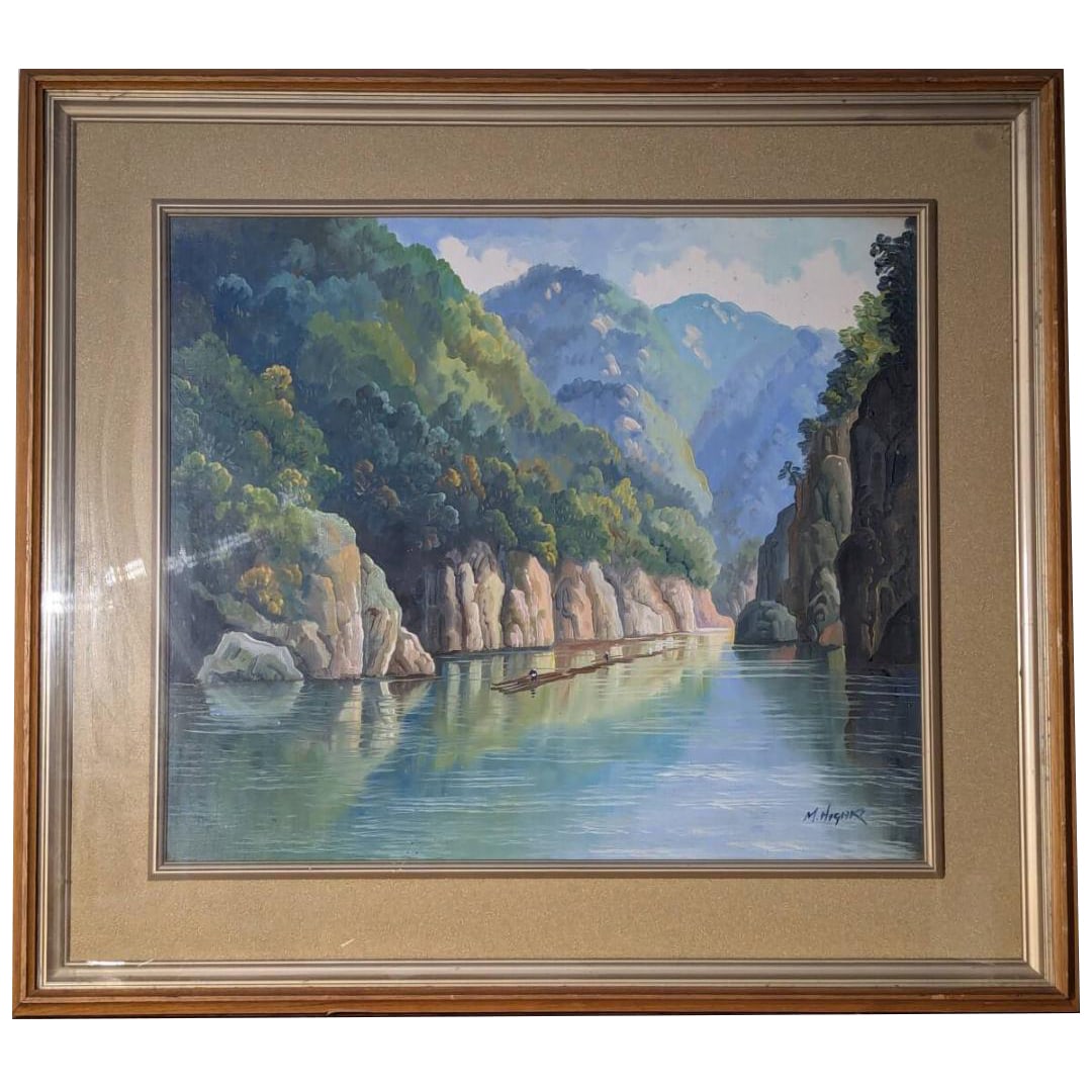 Authentic Artwork: Oil Painting Size 10 - "Boat Journey in the Valley": Authentic Painting: Oil Painting Size 10 - "Boat Journey in the Valley" - A Landscape Painting Exuding Majestic Scenery and Tranquility (Y52) Frame Size: Approximately 74 x 65 cm; Painting Size: Appro