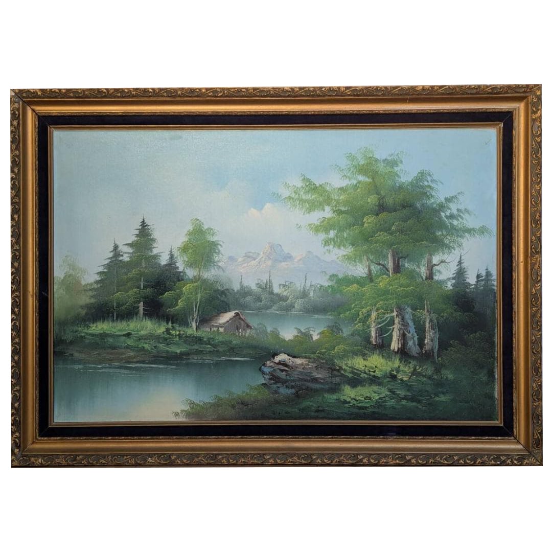 Authentic Artwork: Oil Painting - Mountain Landscape by the Lakeside, Depicting a Cabin by the Water: Authentic Painting: Oil Painting of a Mountainous Landscape by the Lakeside, Depicting a Waterside Cabin (Y188) Product Description: Frame Size: Approximately 90 x 64 cm Painting Size: Approximately 7
