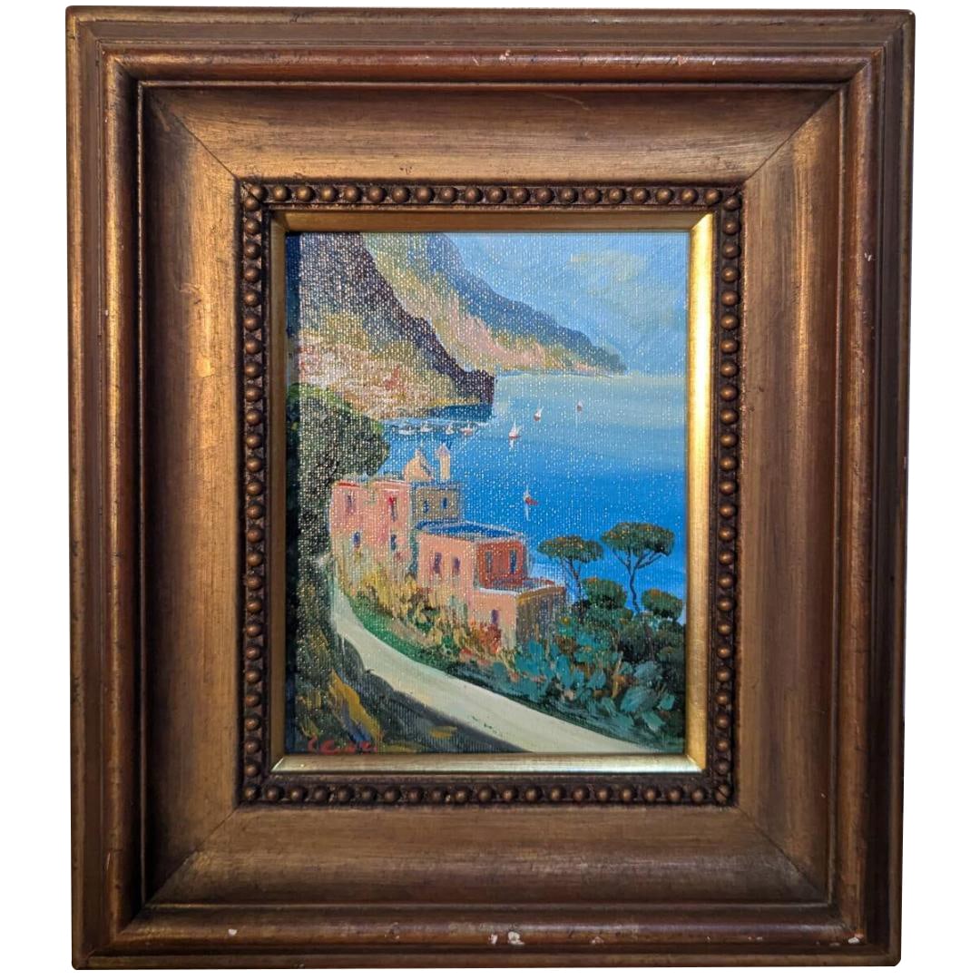 Authentic Painting - Oil Painting Size 0 - Mediterranean Landscape: Authentic Painting - Oil Painting Size 0 - Mediterranean Landscape - Town with a View of the Blue Sea (W149) Frame Size: Approximately 27 x 31 cm Canvas Size: Approximately 14 x 18 cm Includes a glass