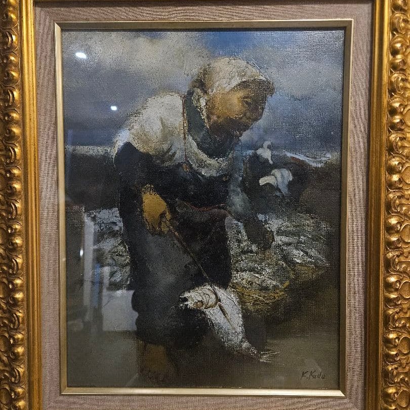 Kazuo Kudo "Fishing Port: Catching Fish" Oil Painting, Size F6: Kazuo Kudo's "Fishing Port: Hooking Fish" Oil Painting, Size F6 - A Masterpiece Representing the Artist's Signature Theme Dimensions: Canvas: Approximately 41 x 31.8 cm; Frame: Approximately 60 x 50 c