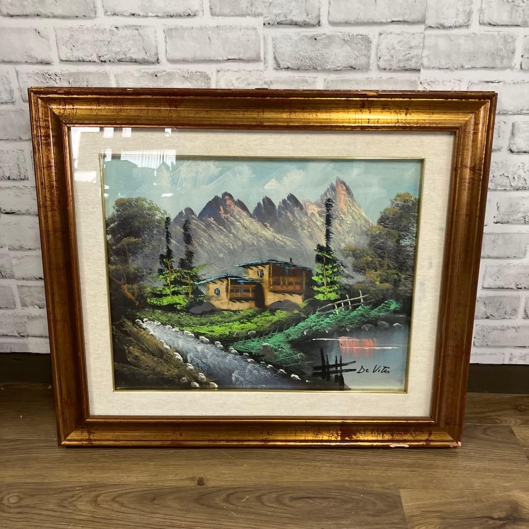 Italian-made oil painting by DE VITIS, landscape of a mountain cabin.: Italian DE VITIS Oil Painting, Landscape, Mountain Cabin, Framed. This oil painting by Italian artist DE VITIS depicts a mountain cabin and is already framed. The painting, produced by DE VITIS, portr