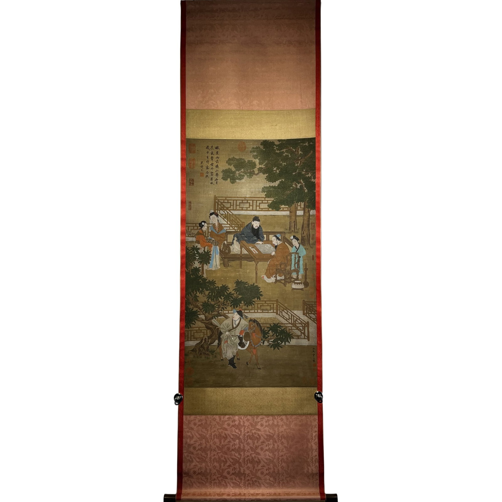 Ming Dynasty Qiu Ying Silk Chess Painting Hanging Scroll: This Ming Dynasty masterpiece "Qiu Ying's Fine Silk Painting of Chess Players" on a standing scroll showcases the artistic style of Qiu Ying, one of the four great masters of the Wu School. Qiu Ying,