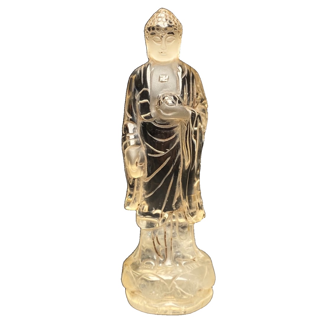 Natural Citrine Shakyamuni Buddha Statue: Natural citrine statue of Shakyamuni Buddha, measuring 102mm in height, with a maximum diameter of 32mm, and weighing 86.6 grams. Citrine, with its color resembling gold, is considered the "stone of w