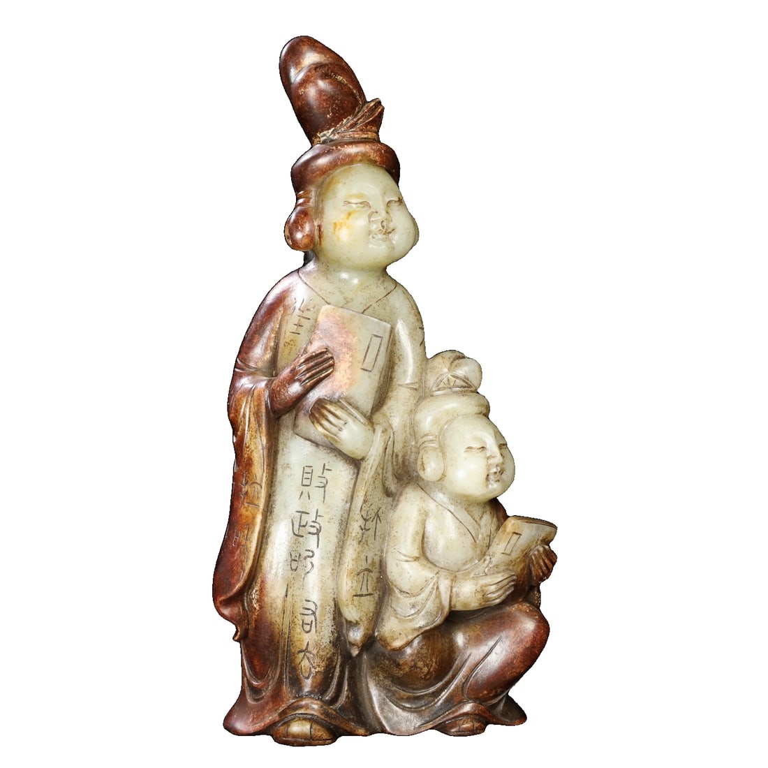 Hetian Jade Inscribed Maid: An antique collection of a Hetian jade figurine with an inscription depicting a lady-in-waiting. The jade is fine, smooth, and has a well-developed patina. Dimensions: Height 26 cm, Width 12.8 cm, Thi