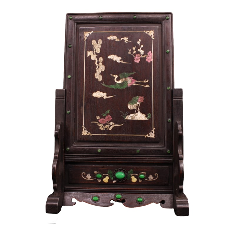 Blood Sandalwood Inlaid Gemstone Shell Screen: An antique collection of a blood sandalwood screen inlaid with gemstones and mother-of-pearl, preserved in excellent condition. The craftsmanship is exquisite, and the design is uniquely elegant. It w