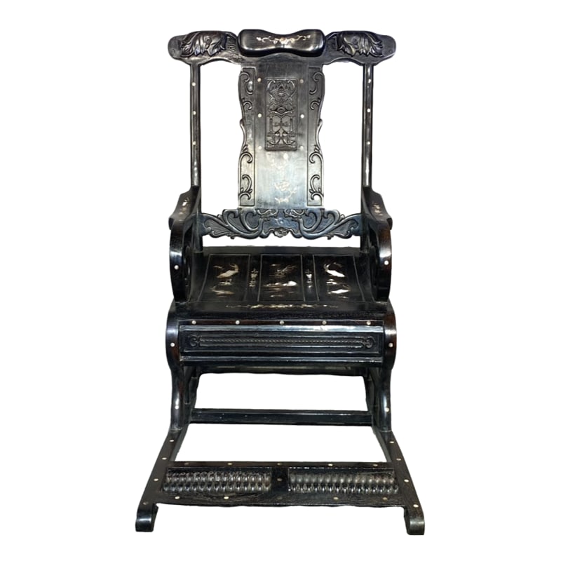Premium Rosewood Inlaid Shell Rocking Chair: Exquisite Zitan Rocking Chair Inlaid with Shell, featuring mortise and tenon joints. The chair is crafted from carefully selected materials with meticulous workmanship. It boasts a full golden star pa