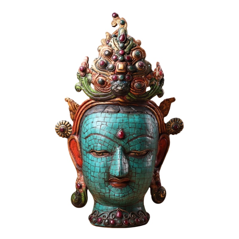 Tibetan Copper Green Tara Buddha Head: A rare and exquisite piece from an old collection: A Tibetan pure copper high-relief repoussé Green Tara Buddha head, featuring traditional craftsmanship with gemstone inlays, colorful painting, and