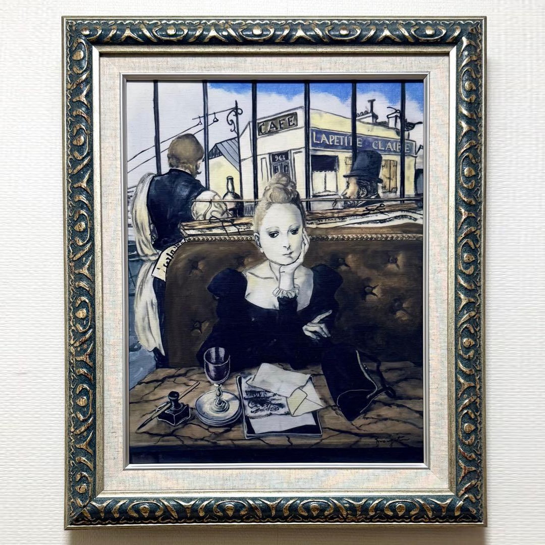 Fujita Tsuguharu, "At the CafE" / Oil on canvas / Double-sided signature: (F6 Size) Fujita Tsuguharu "At the CafE" Original/ Oil on Canvas/ Double-Sided Signature/ With Adhesive/ Hand-Painted This is an original oil painting entirely hand-painted. [Artist Name] Fujita Tsugu