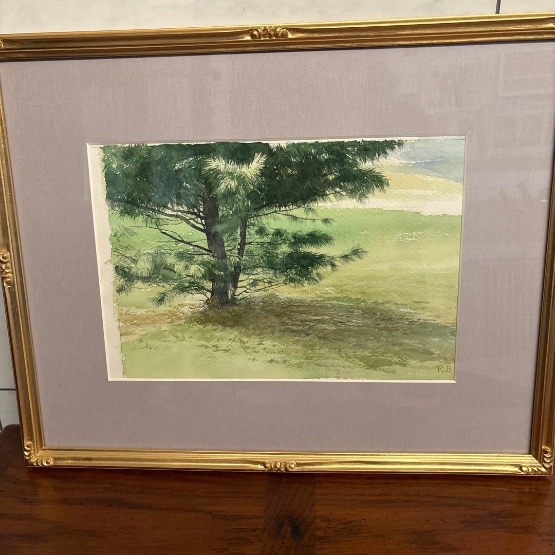 Artist: Baba RyOji Artwork: Watercolor Painting "Tree and Grassland" Signed: R.B.: Artist: Baba RyOji Title: Watercolor Painting "Trees and Grassland" Signed: R.B. Condition: Brand new and unused item. A watercolor painting depicting trees and a beach, accompanied by a gold frame. T