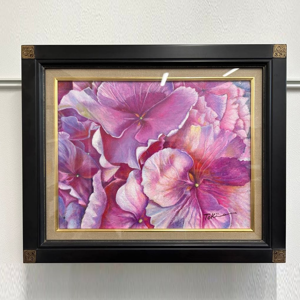 Oil Painting by Hidetsugu Hidariki, "Pink Hydrangea," Signed: Oil Painting of Pink Hydrangeas by Hidari Tokie, Signed A vibrant oil painting depicting pink hydrangeas. This rare piece is by actress Hidari Tokie, whose works seldom appear on the market. For fans,
