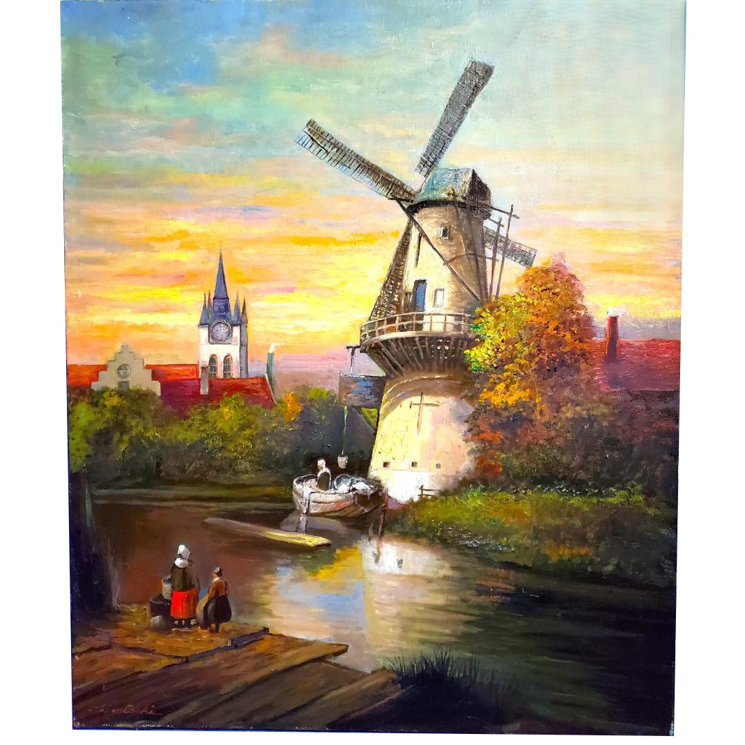 Oil Painting by Ito Hisatoshi, F25 Size, A-4: (Ito Hisatoshi, Oil Painting, F25, A-4) (Oil painting depicting a sunset landscape with windmills and a river.) (Landscape with Windmills and River) Technique: Oil Painting Color Scheme: Sunset Hues S