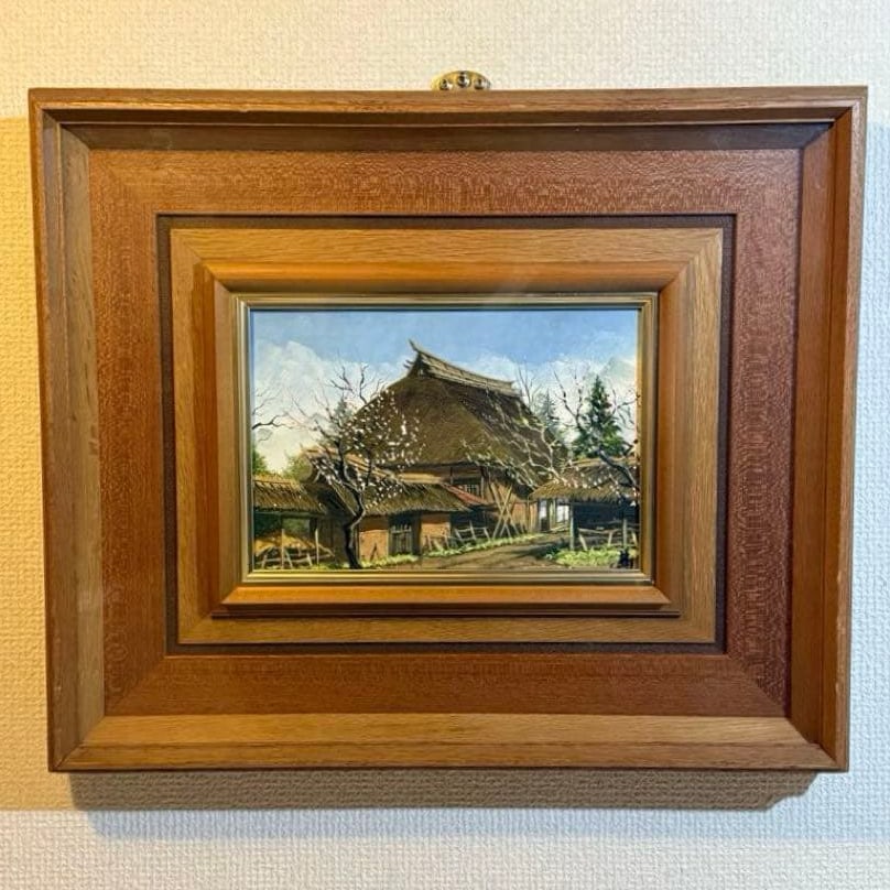 Realism Landscape Painting by Hayashi Kiichiro, Original Oil on Canvas: (Realism by Hayashi Kiichiro, Landscape Painting, Original Oil on Canvas) A quintessential Japanese landscape intertwines an old thatched-roof house with cherry blossoms just beginning to bloom. The a
