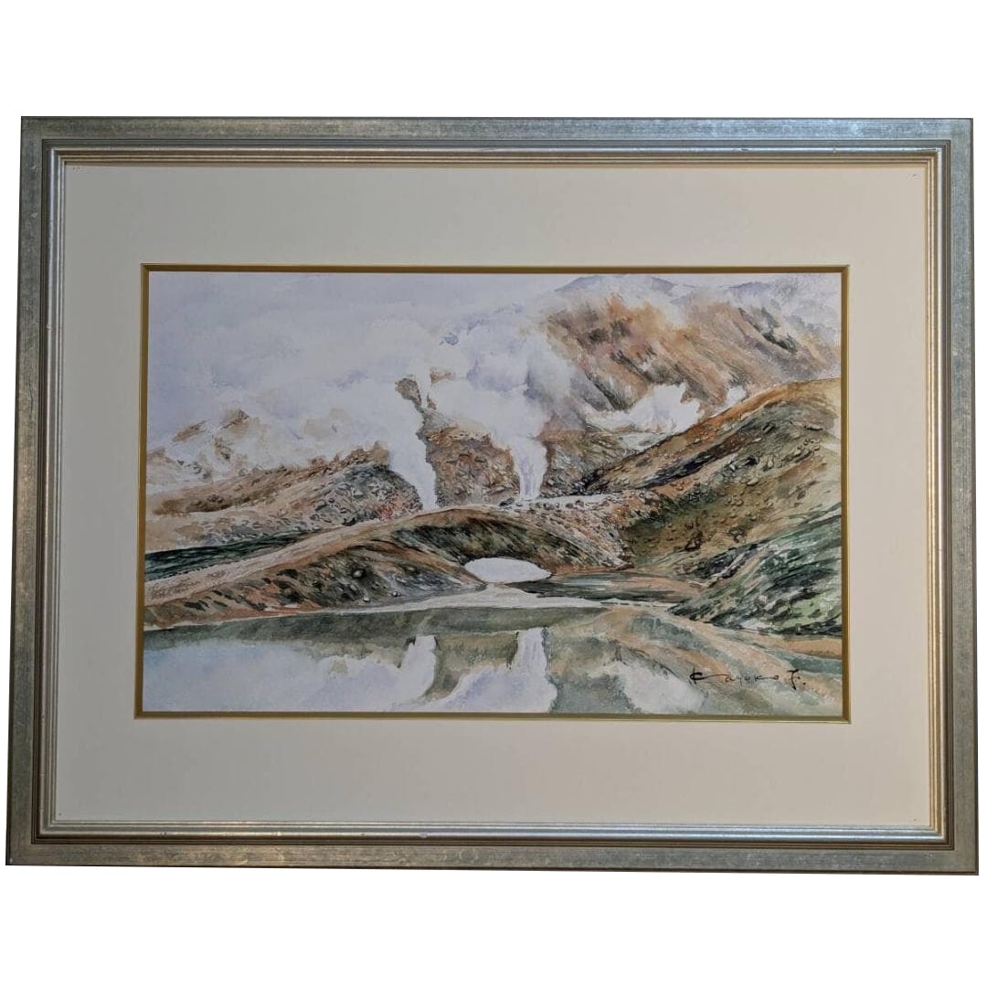 Authentic Painting: Watercolor No. 10 - Mountain Landscape with Billowing Smoke, Watercolor: Authentic Painting: Watercolor No. 10 - "Mountain Landscape with Billowing Smoke" Framed Watercolor Landscape Frame Dimensions: Approximately 72 x 57 cm Artwork Dimensions: Approximately 53 x 33 cm In