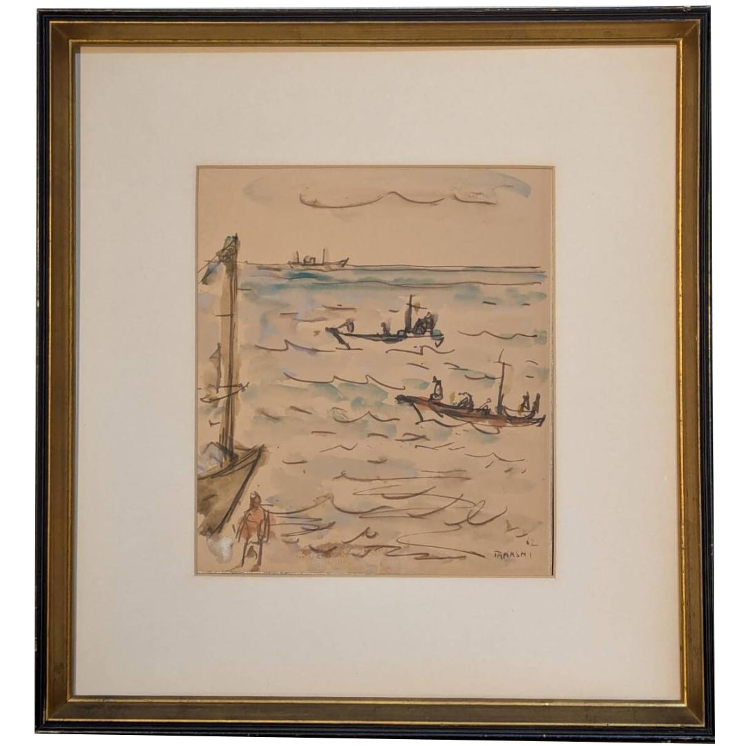 Authentic Painting: Watercolor (Shikishi) - Seaside with Fishing Boats, Lightly Colored Sketch-Style: Authentic Painting: Watercolor (Shikishi) - Beach with Fishing Boats, Lightly Colored Sketch-Style Landscape, Z154 Frame Dimensions: Approx. 44 x 47 cm Artwork Dimensions: Approx. 24 x 27 cm Includes