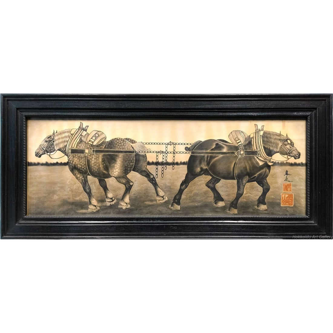 Rozan "Test of Strength" Hand-Painted Artwork: Rozan "Test of Strength" Original Painting This captivating composition depicts two robust draft horses standing face-to-face, firmly connected by sturdy harnesses. The sheen of their coats, the detai