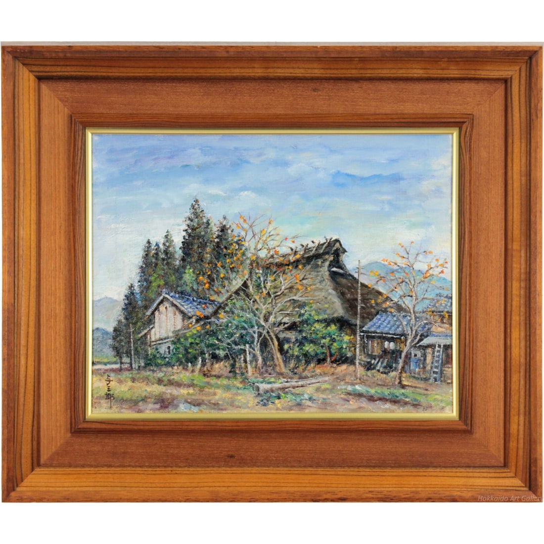 Sabur Hayashi, "Late Autumn in Sasayama (Hyogo Prefecture)" Oil Painting: Hayashi Yosaburo "Late Autumn in Sasayama (Hyogo Prefecture)" Oil Painting This captivating depiction of the Tanba Sasayama landscape is distinguished by the striking contrast between the thatched-roo