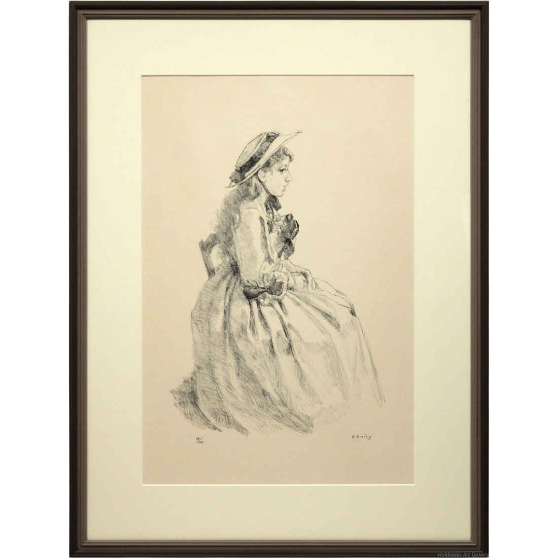 Ryohei Koiso "Woman in Dress" Lithograph Print Painting: Ryohei Koiso "Woman in Dress" Lithograph Print A poised woman sits gracefully, adorned in an opulent gown with a wide silk ribbon. The gentle lines convey an air of elegance and nobility, creating a s