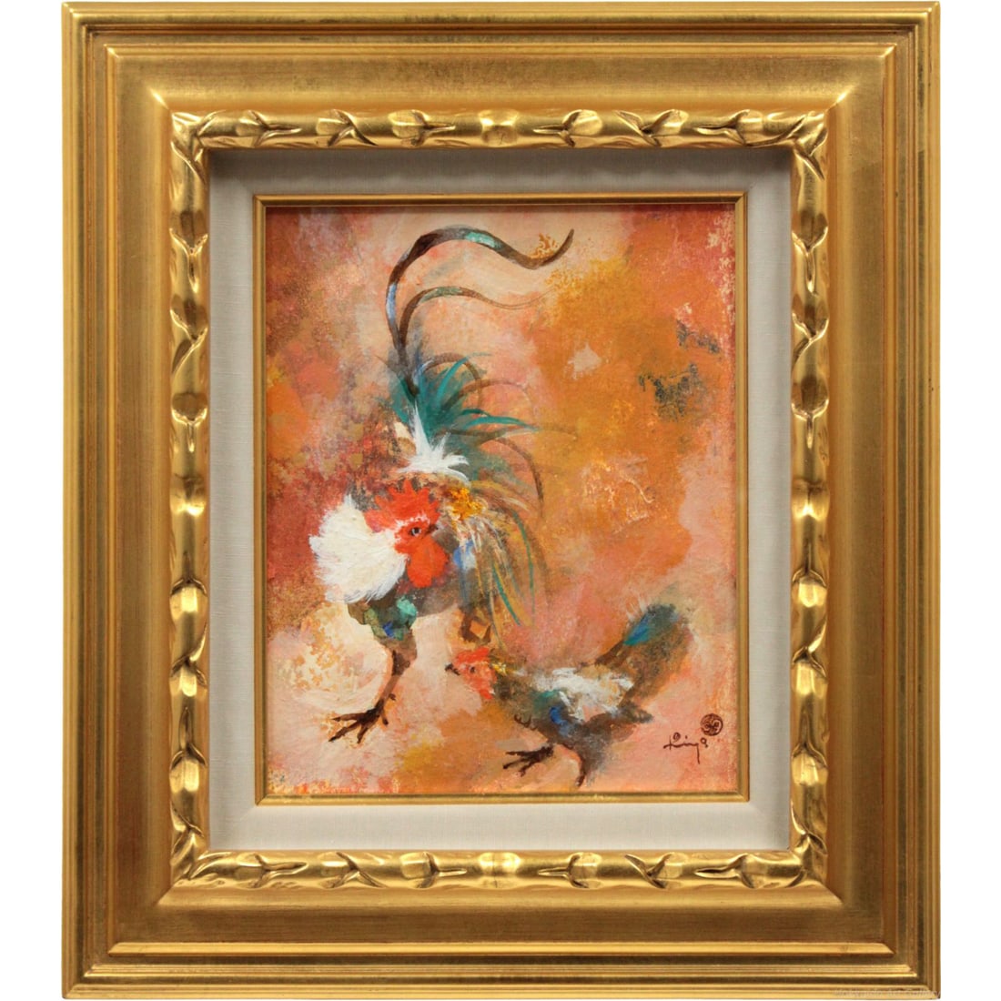 Keiichi Kiyohara "Roaming Rooster" Oil Painting: Keiichi Kiyohara "Playful Chickens" Oil Painting Amidst a warm and vibrant backdrop, a rooster and hen nestle together in harmonious delight. The rich palette and fluid brushwork convey a lively atmos