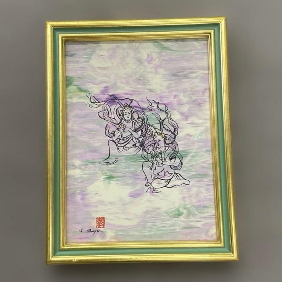Authentic Oil Painting by Ryuko Takako: "Flying Deity": Artwork Size: F4 This piece features soft, harmonious colors. There is a slight indentation on the forehead. The painting is truly beautiful. Please examine the photos carefully and understand its con