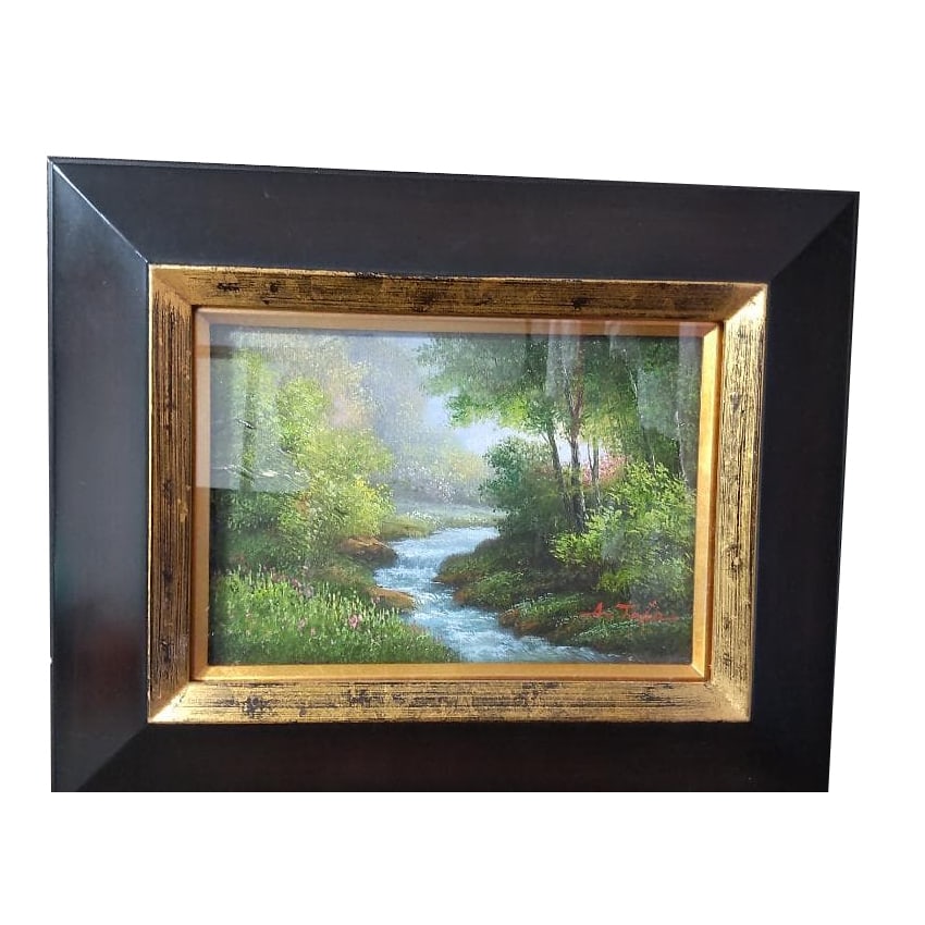 Authentic Work by Akira Toda, Oil Painting "Mountain Stream," SM Size, Hand-Painted, Signed and: "Mountain Stream," an authentic oil painting by the artist, captures a lush forest and a babbling brook with exquisite brushwork. Its compact size makes it ideal for display in various settings, such