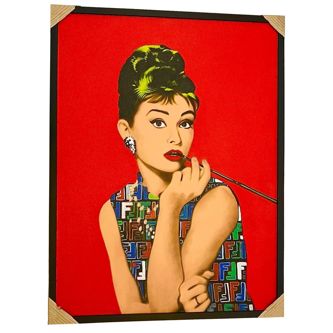 Pop Art Painting of Audrey Hepburn: (Pop Art Audrey Hepburn Painting) Art Style This captivating piece employs the pop art style, with a design that commands attention. Its vibrant colors are striking, adding a touch of elegance to any