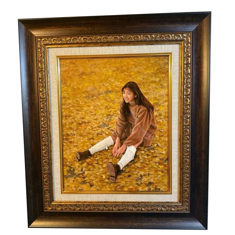 Realism Hand-Painted Oil Painting of a Beauty in Autumn: Realism Hand-Painted Oil Painting, Portrait of a Beautiful Woman, "Autumn" This oil painting captures a woman with a serene expression, quietly seated amidst a cascade of falling leaves, seamlessly bl