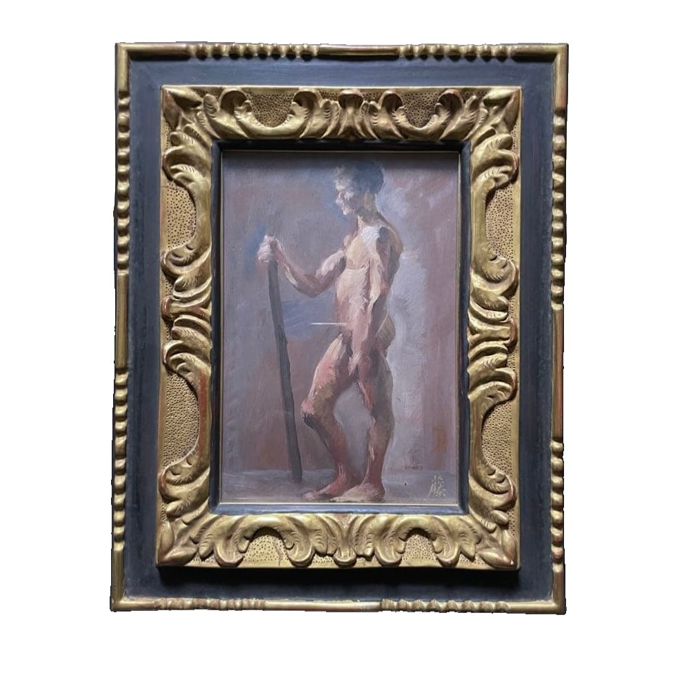 Oil Painting by Yoshika Fujita: Yoshika Fujita - Oil Painting - European Period - Study of a Nude Artist: Yoshika Fujita Title: Study of a Nude Medium: Oil on canvas Dimensions: Approximately 35 cm x 28 cm Frame: Decorative gilt fra