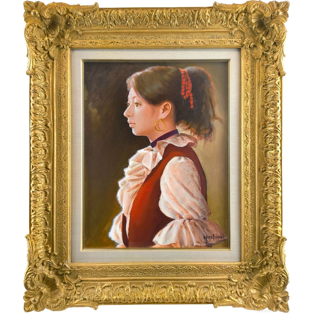 Yoshimi Tsurumura "Ascent" Oil Painting: Yoshimi Tsurumura "Ascent" Oil Painting The striking red hair accessory and dress, along with her captivating profile and well-defined nose, leave a lasting impression. The exquisite details shimmer b