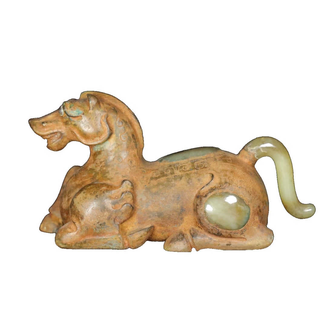 Copper-wrapped and Hetian jade horse figurine: Antique Tibetan copper-wrapped and Hetian jade horse ornament, with delicate and smooth jade quality, aged patina, and detailed as shown in the picture. Dimensions: Length 16 cm, Width 6.2 cm, Height