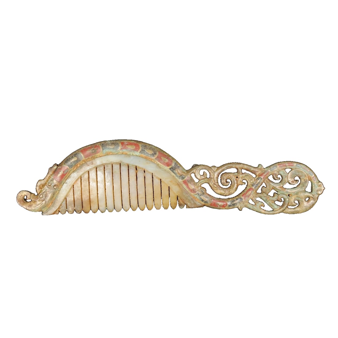 Copper-wrapped and Tianyu gold-painted colored jade comb: Antique Tibetan copper-wrapped Hetian jade comb with gold-painted decoration, featuring delicate and smooth jade quality, aged patina, and intricate details as shown in the picture. Dimensions: Length