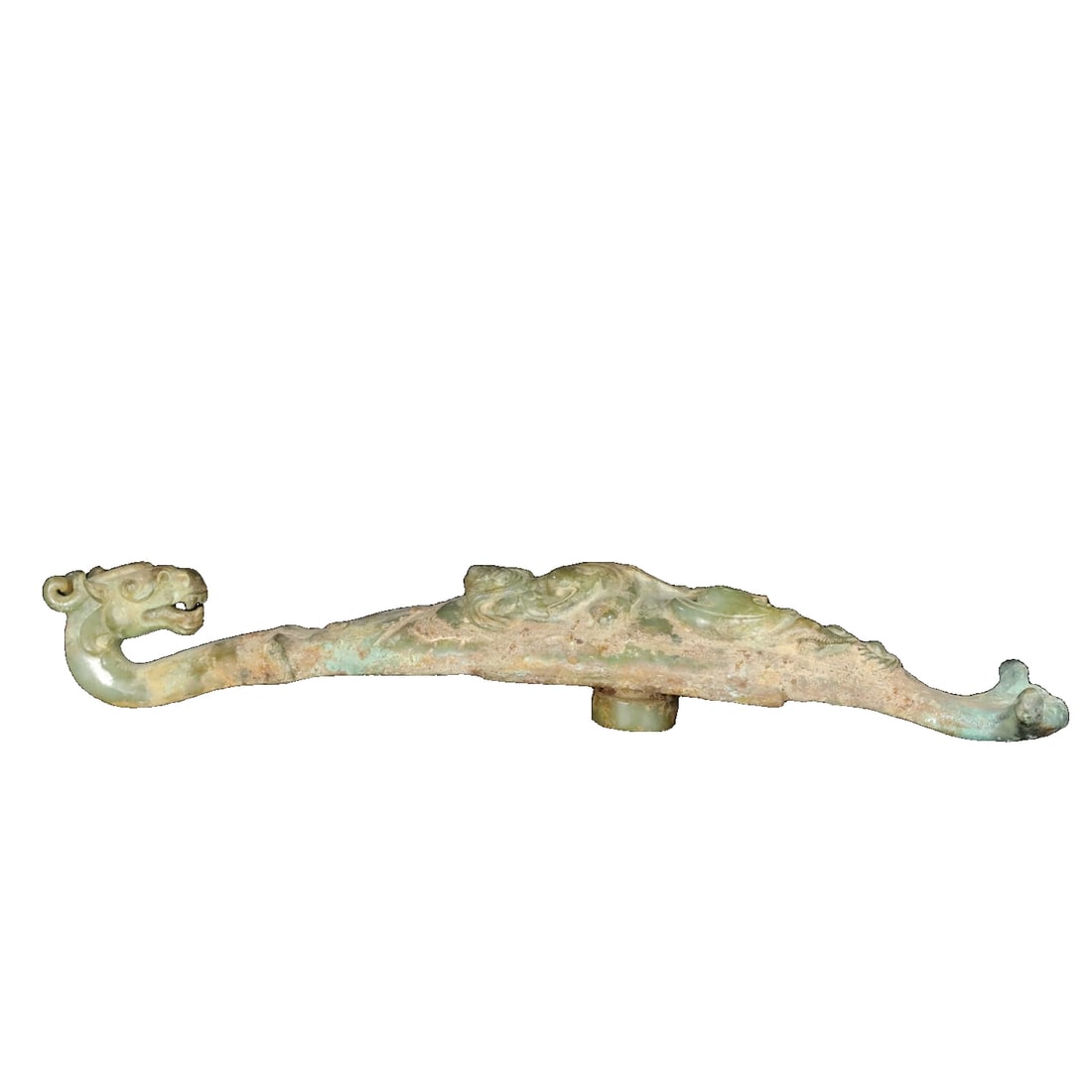 Copper inlaid Hetian jade pendant: Old Tibetan copper inlaid Hetian jade belt hook, delicate and oily jade quality, old patina, details as shown in the picture, dimensions: length 26.6 cm, width 5.5 cm, height 4.2 cm, weight 558 grams.