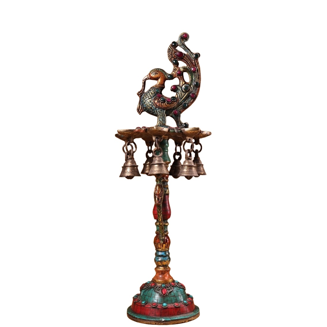 Tibetan copper inlaid with gemstones, painted with gold, phoenix wax table, oil lamp: Tibetan Copper Inlaid Gemstone Painted and Gilded Phoenix Butter LampExquisite craftsmanship, with a beautiful designWeighs 2700 grams, 43 cm in height, 15 cm in width. Freight: 1.International Freigh