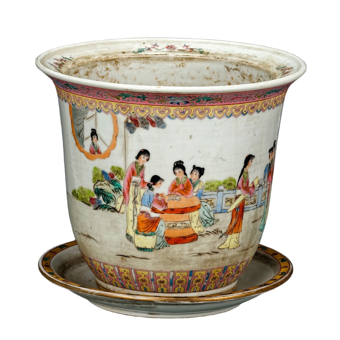Late Qing and Early Republic Pastel Garden Lady Flower Pot: A set of famille rose porcelain planters from the late Qing Dynasty and early Republic of China period, featuring a painted scene of "Courtyard Ladies" in intricate detail. The planters are exquisitel
