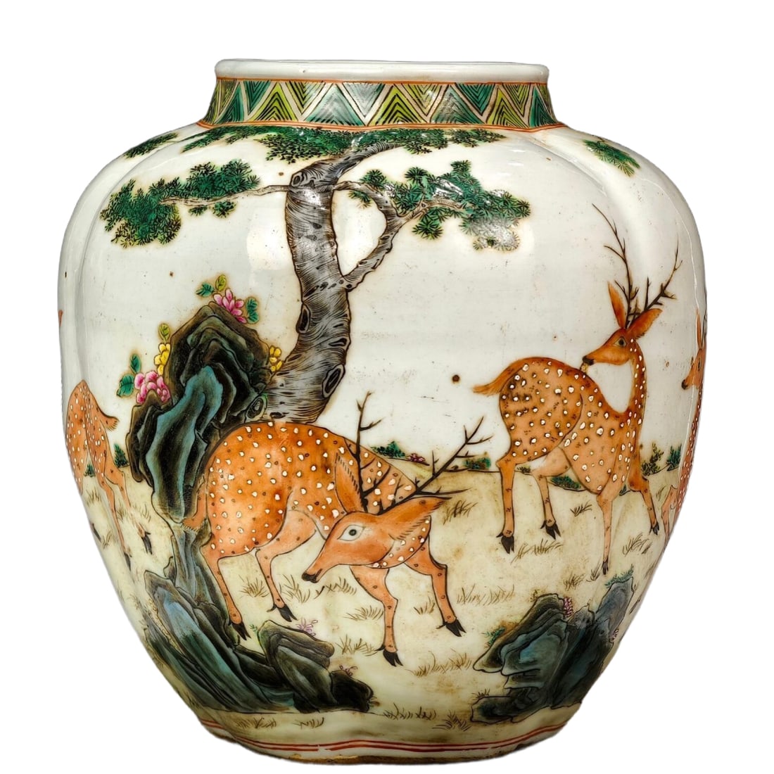 Famille Rose Full-Painted Melon Ribbon Pattern Jar: Yongzheng Langyin Pavilion made, famille rose full painted, a continuous pattern of melon ribbed jar. The glazing is evenly applied, with a white glaze base, and colored paintings of pine trees, deer,