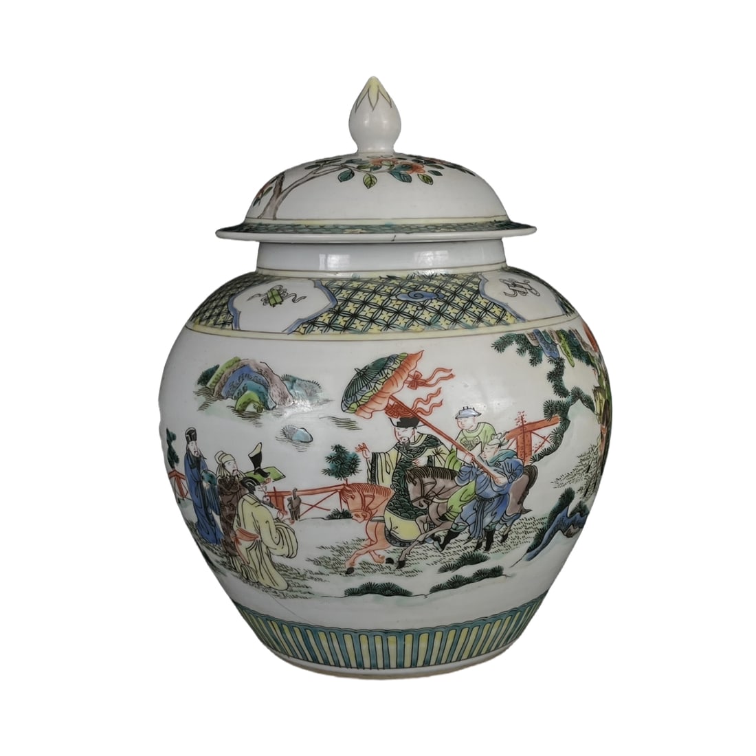 Qing Dynasty Five-Colored Covered Jar with Military Generals on a Procession: Daqing Daoguang period five-color warrior travel patterned covered jar, 23cm in height, 17cm in belly diameter. This covered jar showcases the porcelain art achievement of the Daoguang period with its
