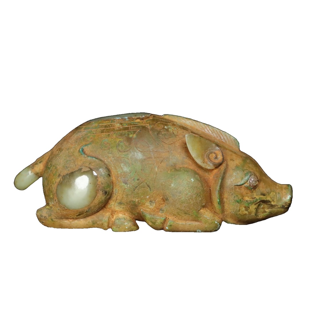 Copper Wrapped Hetian Jade Inlaid Gemstone Jade Pig: Antique Tibetan copper-wrapped Hetian jade inlaid with gemstone jade pig, with delicate and smooth jade quality, aged patina, and detailed as shown in the picture. Dimensions: length 16.8 cm, width 6.