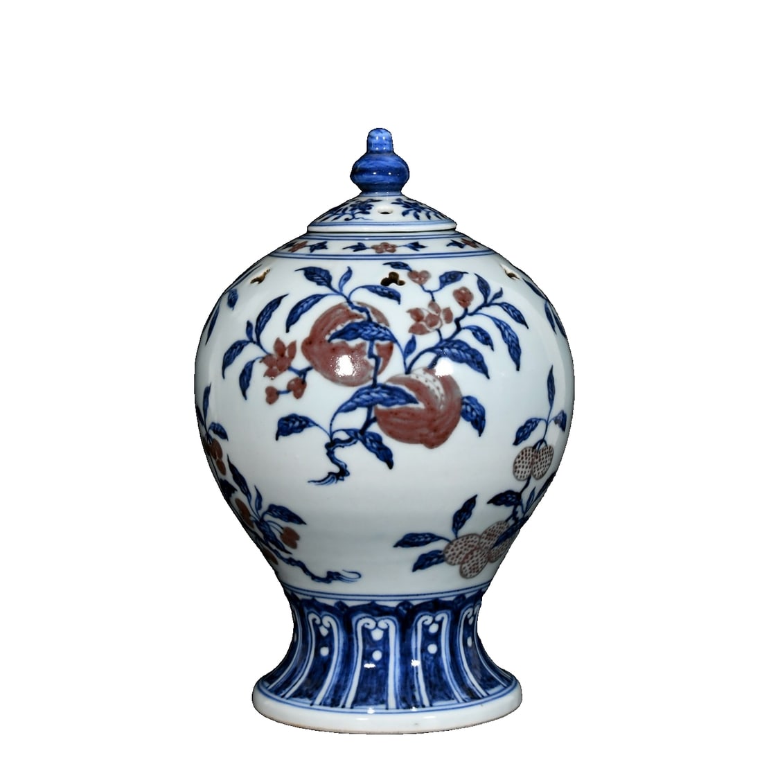 Ming Xuande Blue and Red Three Abundance Incense Burner: Ming Xuande blue and white with underglaze red "Three Abundances" incense burner, measuring 27/18 cm. This incense burner showcases exquisite firing techniques, combining elegant blue and white with p