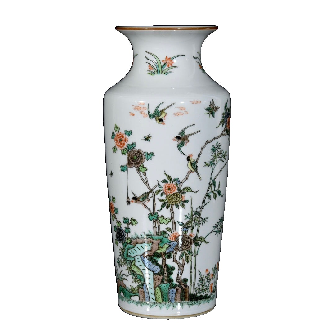 Kangxi Famille Verte Vase with Floral and Bird Motif: A polychrome vase from the Qing Kangxi period, showcasing traditional floral and bird motifs with exquisite craftsmanship. The vase is 33.5 cm tall, with a diameter of 15 cm, featuring vibrant colors